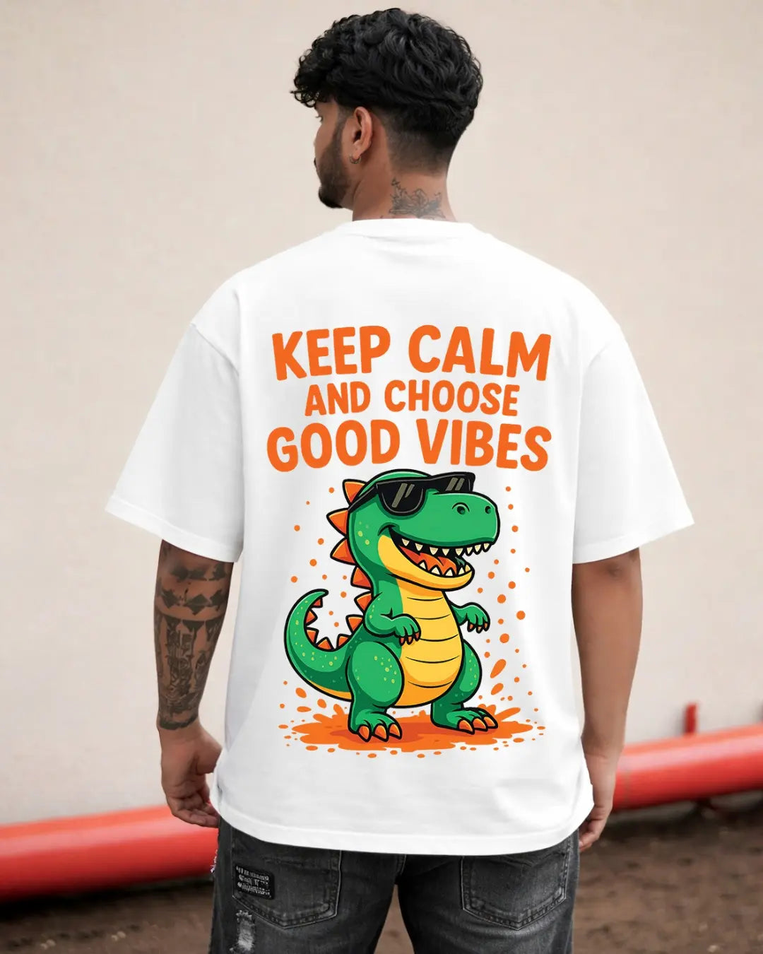 Good vibes dino graphic oversized T-shirt for men in white